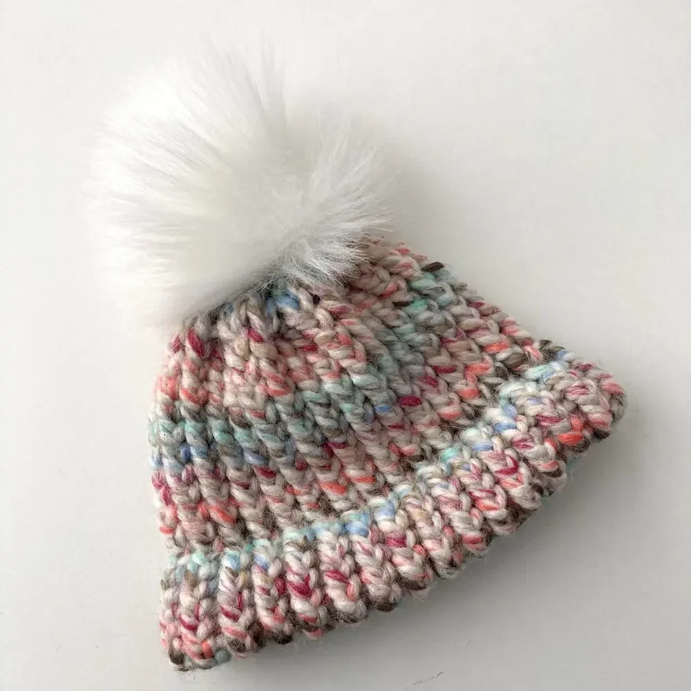 KiddosNKnits Colorful Knit Pom Beanie Hat - Pink Aqua White - NB or 0-3M